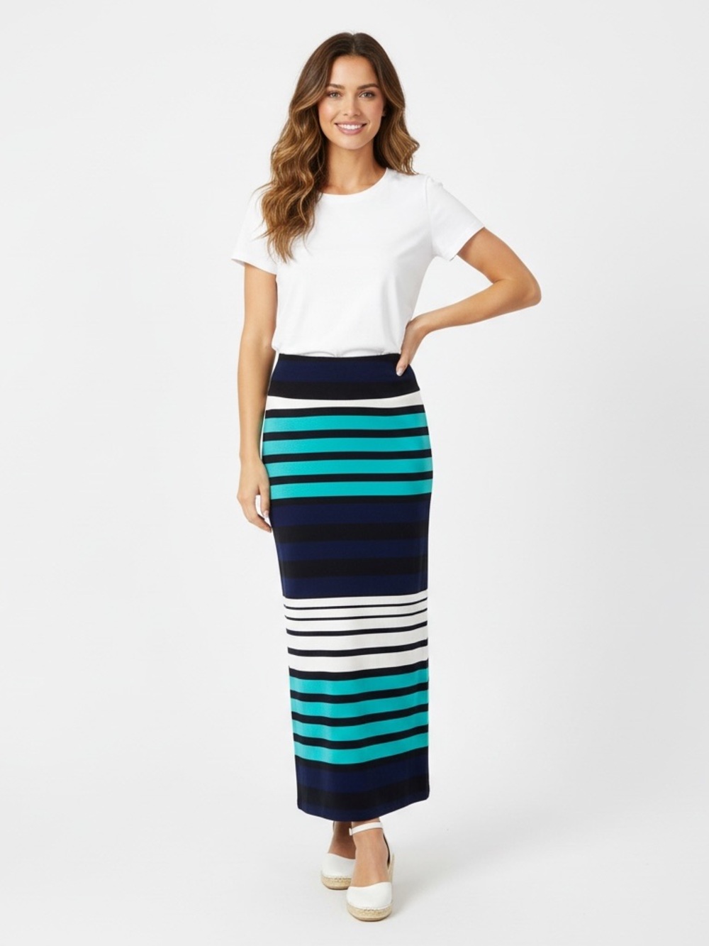 Mossimo Supply Co Womens S Striped Maxi Skirt Navy Teal White Stretch Long